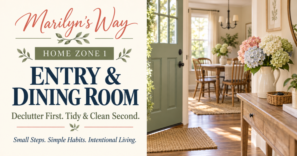 Marilyn’s Way Zone 1 Entry and Dining Room poster with hydrangeas and a welcoming home.