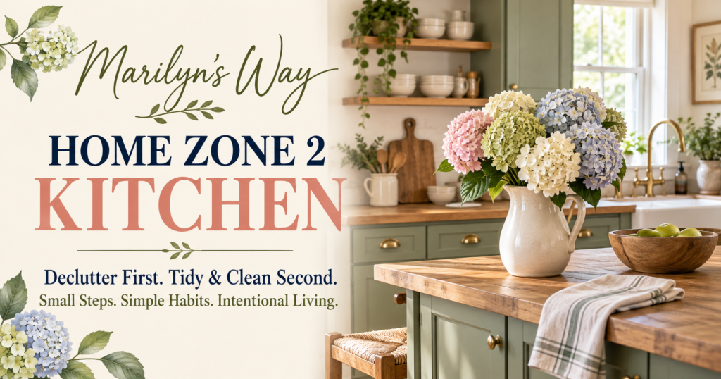 Marilyn’s Way Zone 2 Kitchen poster with colorful hydrangeas and a warm, tidy kitchen.