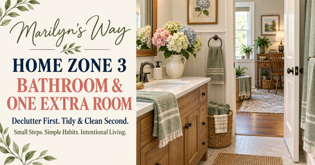 Marilyn’s Way Home Zone 3 poster featuring a tidy bathroom, hydrangeas, and one extra room.
