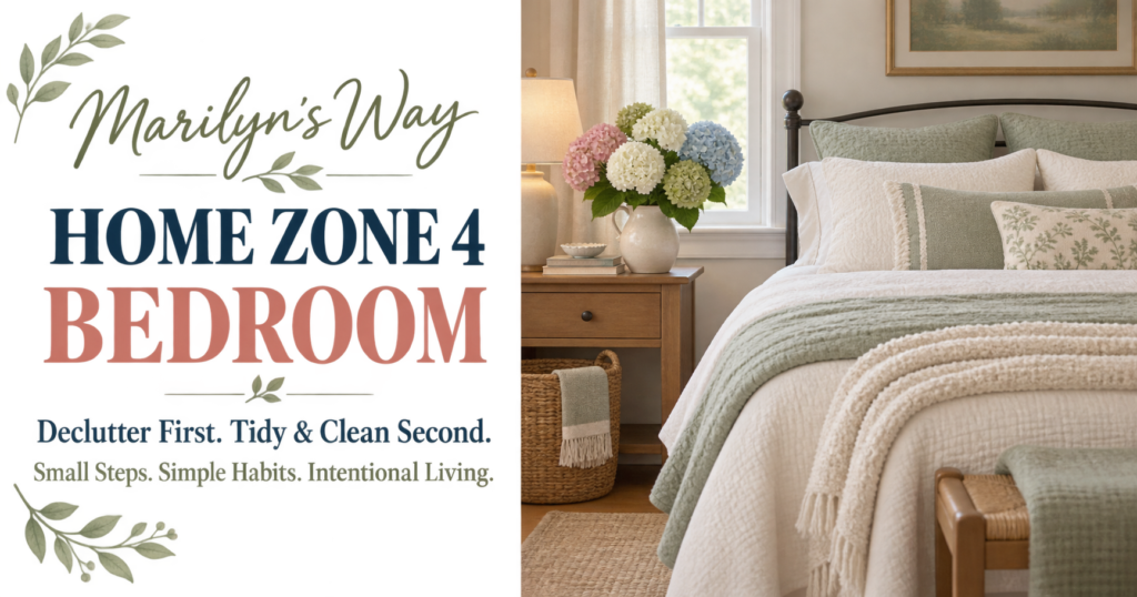 Marilyn’s Way Home Zone 4 Bedroom poster featuring a calm bedroom with soft sage bedding and hydrangeas.