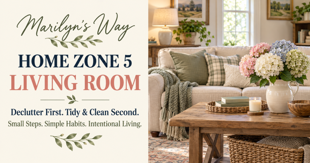 Marilyn’s Way Home Zone 5 Living Room poster featuring a comfortable living room with hydrangeas and soft sage accents.