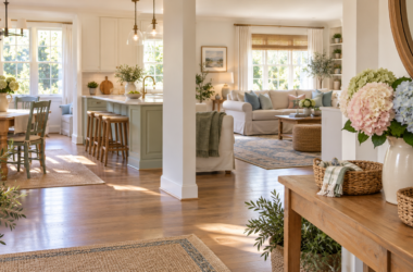 Warm open-plan home showing the entry, dining room, kitchen, and living room with hydrangeas.