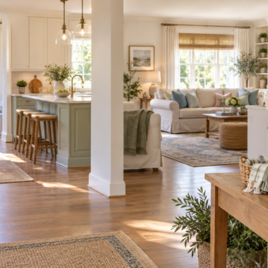 Warm open-plan home showing the entry, dining room, kitchen, and living room with hydrangeas.