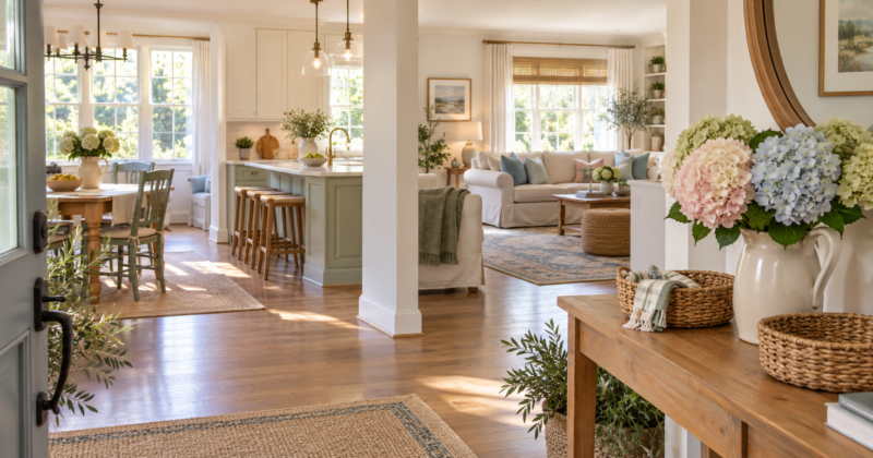 Warm open-plan home showing the entry, dining room, kitchen, and living room with hydrangeas.