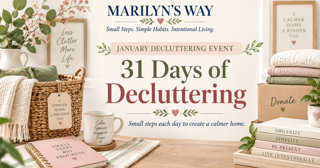 Marilyn's Way January 31 Days of Decluttering challenge with a donation box, organized baskets, and simple steps toward a calmer home.