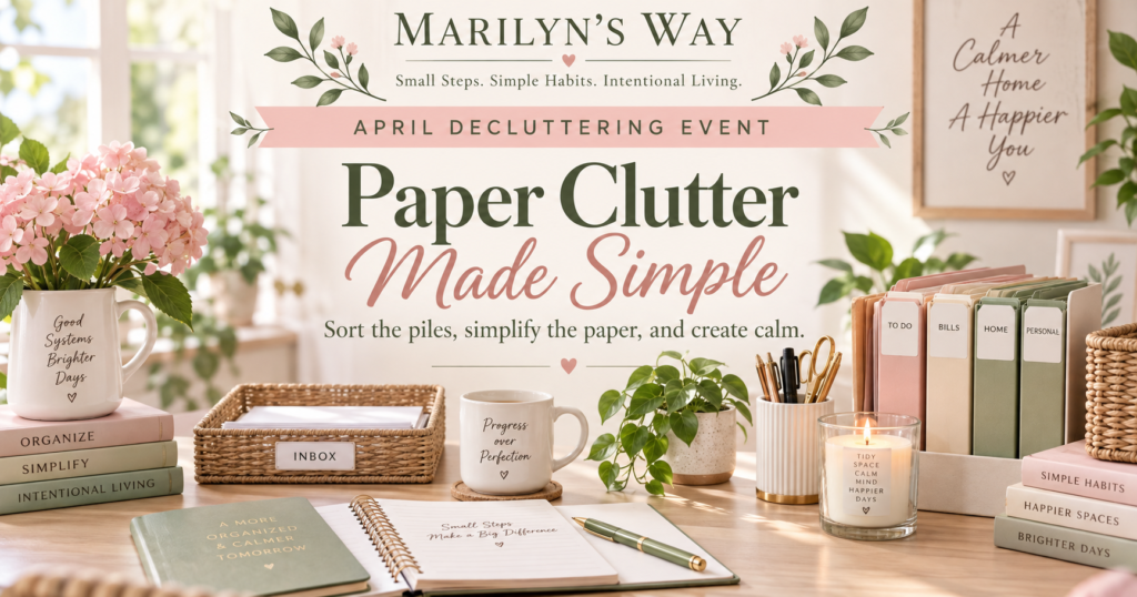 Marilyn’s Way April Decluttering Event, Paper Clutter Made Simple, featuring an organized desk with paper files, folders, notebooks, and flowers.