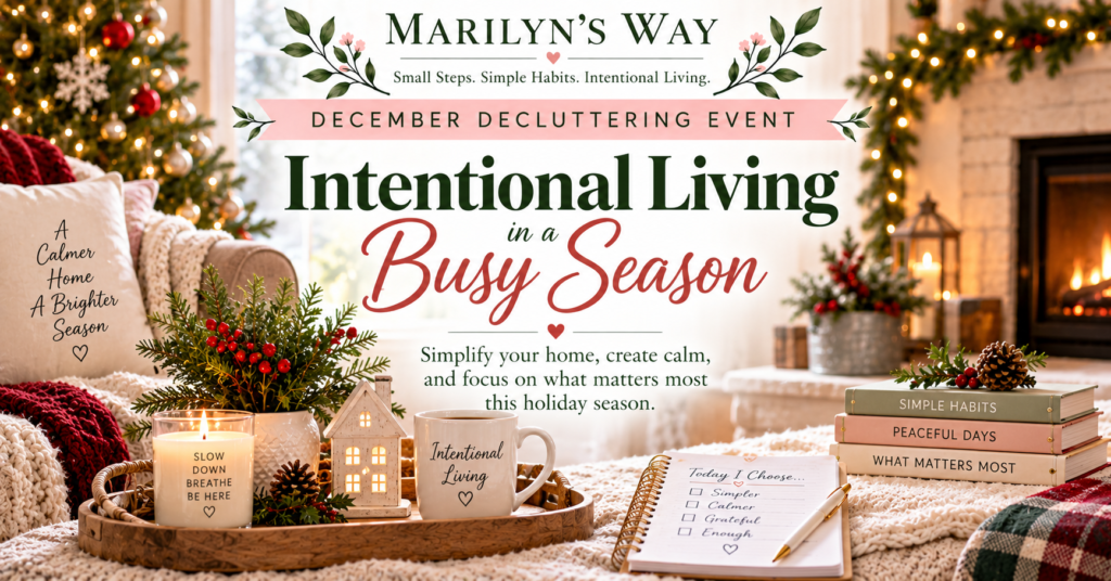 Marilyn’s Way December Decluttering Event, Intentional Living in a Busy Season, featuring a cozy Christmas living room with holiday greenery, candles, a journal, and a warm fireplace.
