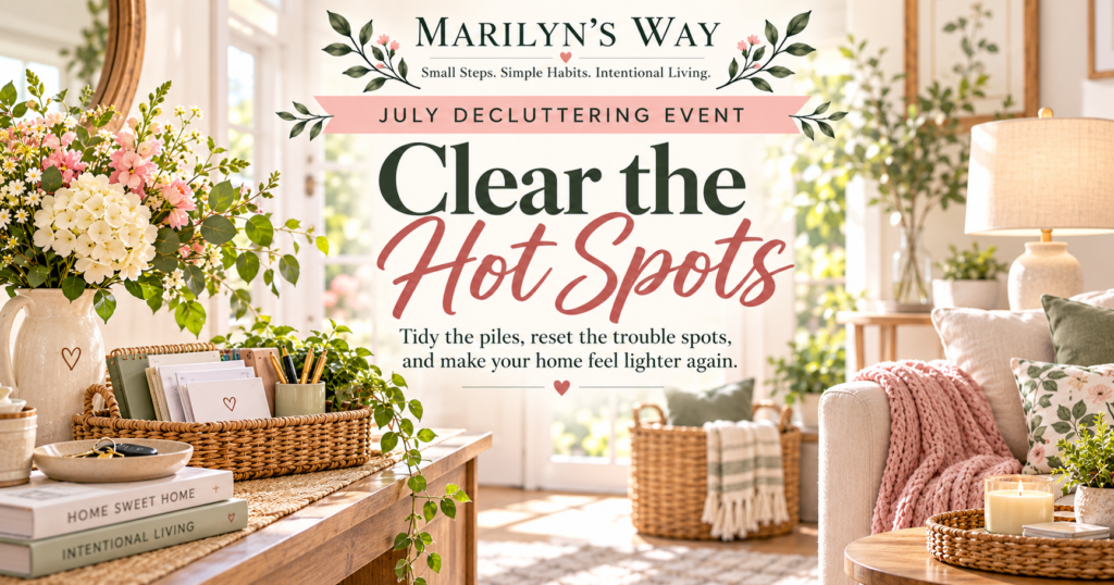 Marilyn’s Way July Decluttering Event, Clear the Hot Spots, featuring a cozy living room with organized mail, baskets, fresh flowers, and tidy surfaces.
