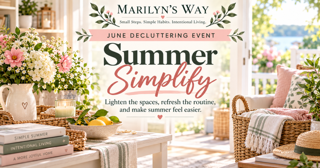 Marilyn’s Way June Decluttering Event, Summer Simplify, featuring a bright summer living space with fresh flowers, woven baskets, folded linens, and simple seasonal decor.