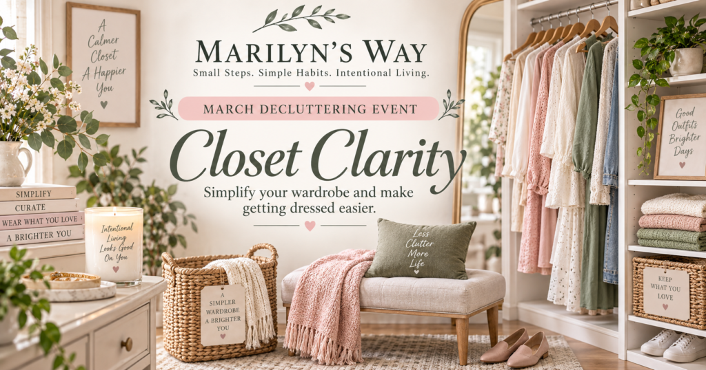 Marilyn's Way March Closet Clarity Decluttering Event featuring an organized wardrobe with neatly hung clothes, folded sweaters, woven baskets, and blush pink and sage green decor.