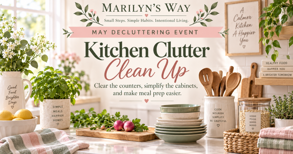 Marilyn’s Way May Decluttering Event, Kitchen Clutter Clean Up, featuring an organized kitchen with stacked dishes, wooden utensils, fresh flowers, and clutter-free countertops.