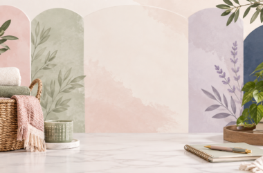Marilyn's Way monthly decluttering events featuring organized baskets, folded linens, plants, and soft blush, sage green, and cream decor.