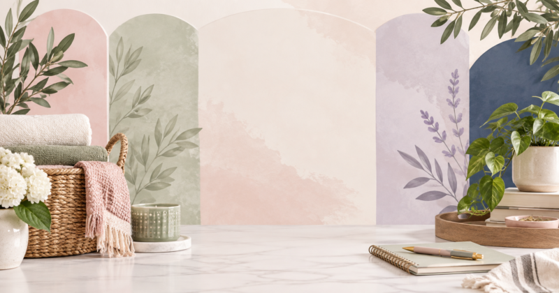 Marilyn's Way monthly decluttering events featuring organized baskets, folded linens, plants, and soft blush, sage green, and cream decor.