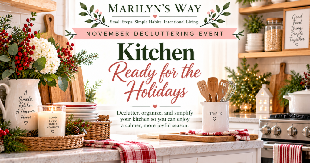 Marilyn’s Way November Decluttering Event, Kitchen Ready for the Holidays, featuring an organized festive kitchen with stacked dishes, holiday greenery, candles, and clutter-free countertops.