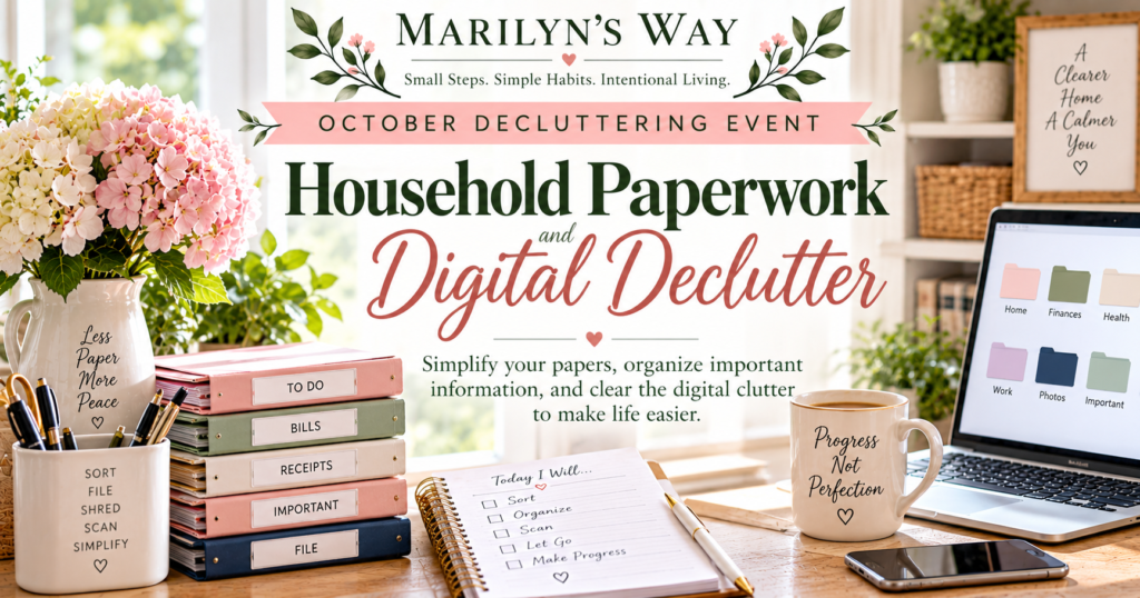 Marilyn’s Way October Decluttering Event, Household Paperwork and Digital Declutter, featuring an organized home office with labeled binders, a laptop, paperwork, and fresh flowers.