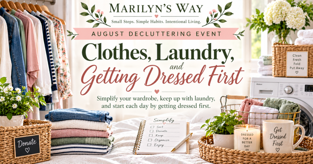 Marilyn’s Way August Decluttering Event, Clothes, Laundry, and Getting Dressed First, featuring an organized wardrobe, folded clothing, laundry baskets, and a Get Dressed First mug.