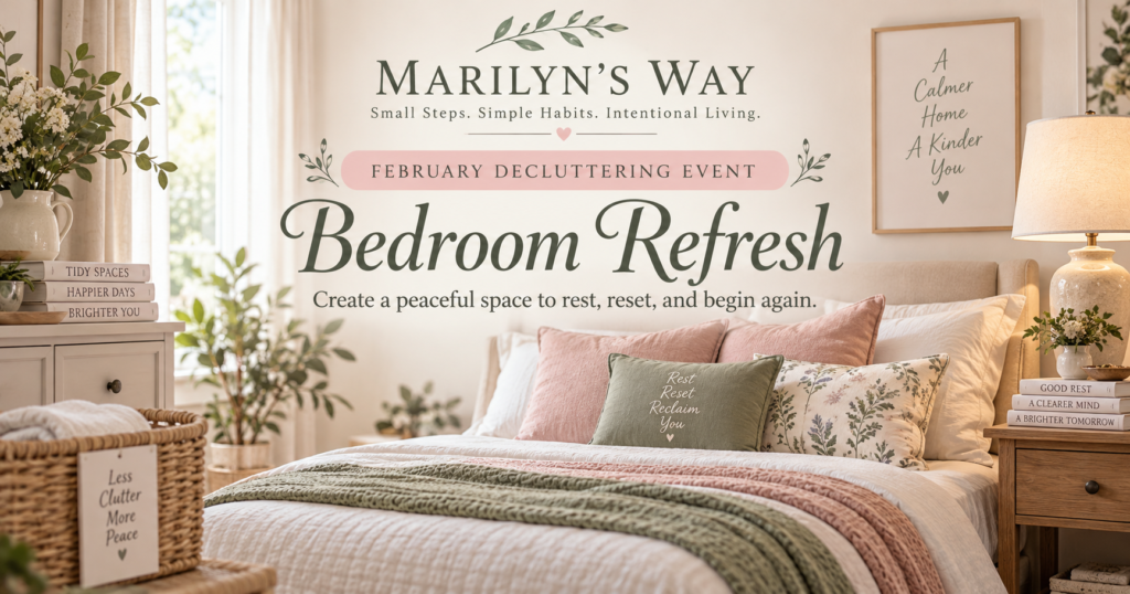 Marilyn's Way February Bedroom Decluttering Event featuring a peaceful, organized bedroom with blush pink and sage green bedding, folded linens, and cozy decor.