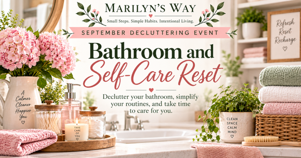 Marilyn’s Way September Decluttering Event, Bathroom and Self-Care Reset, featuring an organized bathroom vanity with pink hydrangeas, folded towels, candles, and self-care essentials.