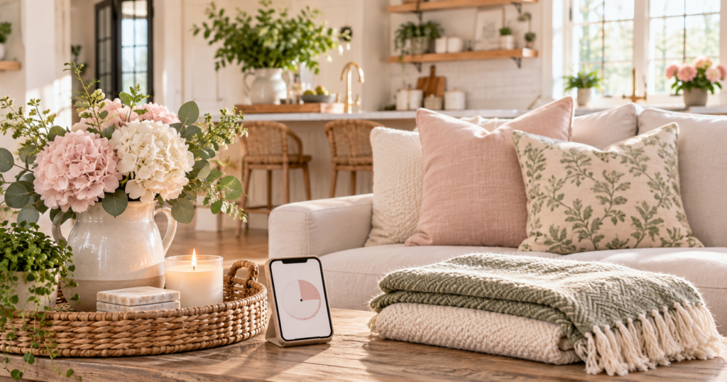 Cozy living room and kitchen with a timer, folded blankets, flowers, and tidy surfaces, representing a simple 15-minute tidy reset.