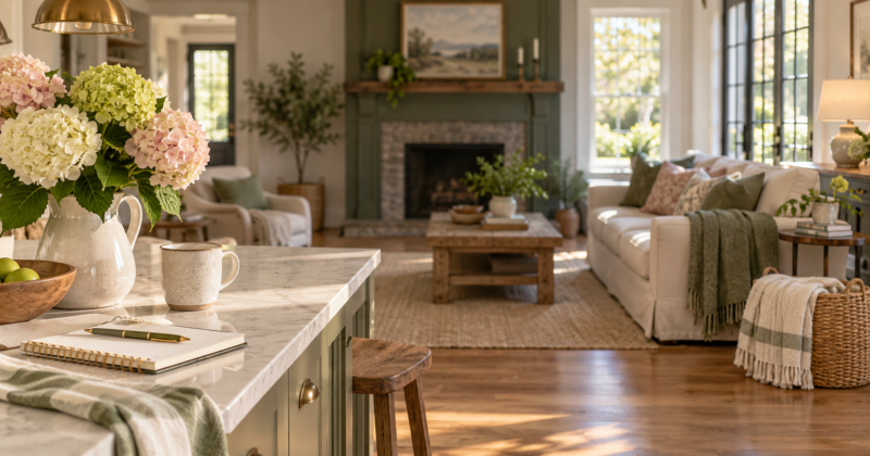 Warm, tidy home interior with hydrangeas representing the 9 Daily Habits in Marilyn’s Way.