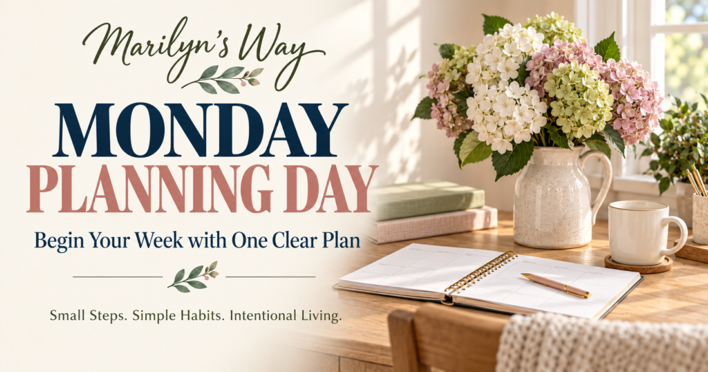 Monday Planning Day by Marilyn’s Way with an open weekly planner and hydrangeas.