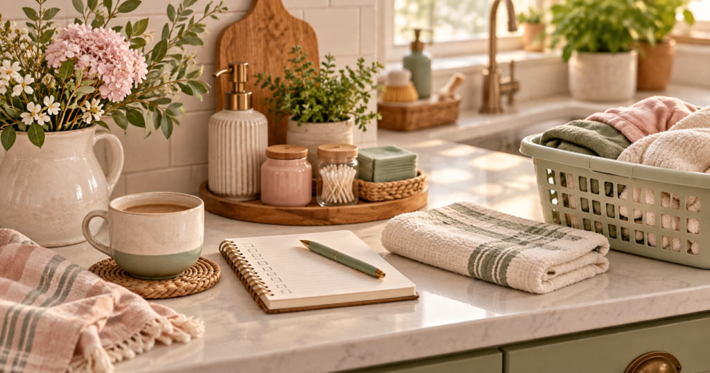 Cozy kitchen counter with a simple checklist, folded towels, laundry basket, coffee, and flowers, representing one small task that can make tomorrow easier.