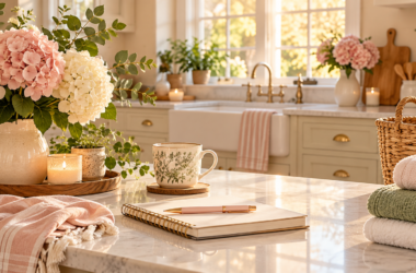 Cozy sunlit kitchen with pink and white hydrangeas, a notebook and pen, folded towels, and a tidy countertop for a Marilyn’s Way intentional living post.