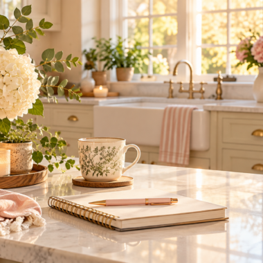 Cozy sunlit kitchen with pink and white hydrangeas, a notebook and pen, folded towels, and a tidy countertop for a Marilyn’s Way intentional living post.