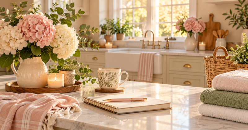 Cozy sunlit kitchen with pink and white hydrangeas, a notebook and pen, folded towels, and a tidy countertop for a Marilyn’s Way intentional living post.
