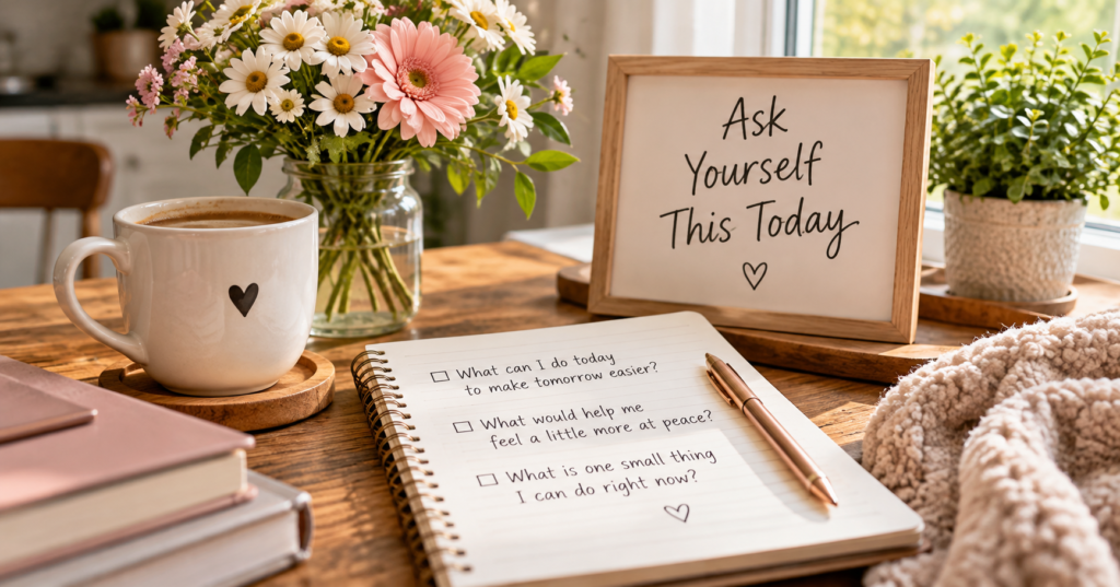 Cozy table with coffee, flowers, a notebook, and reflective questions about making tomorrow easier, finding peace, and taking one small step today.