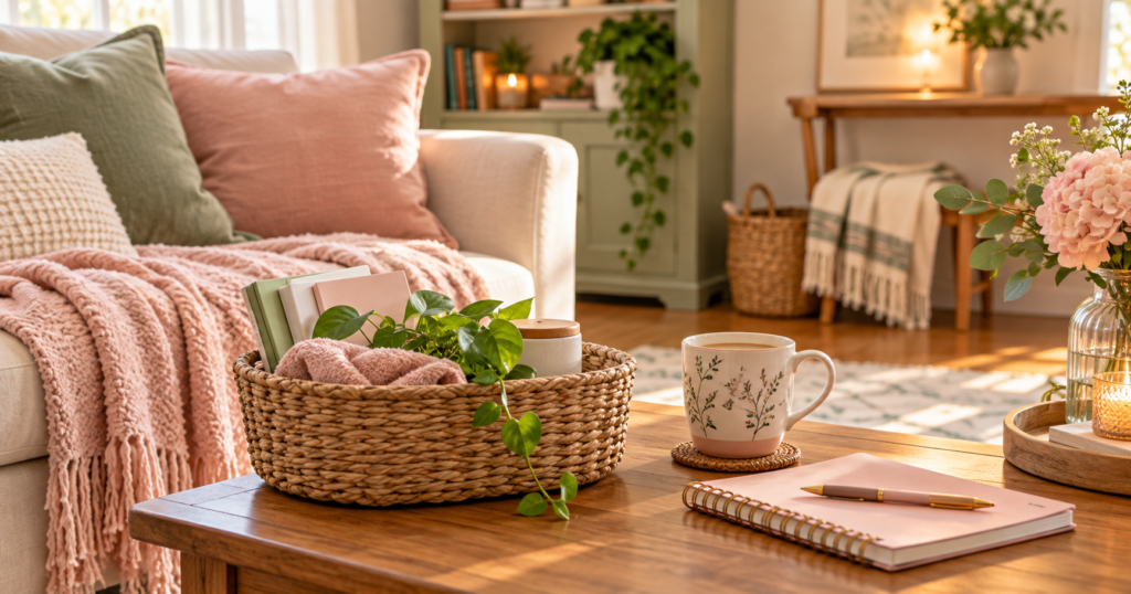 Cozy living room with a basket, coffee, notebook, soft blankets, and flowers, representing taking one small action even when motivation is low.