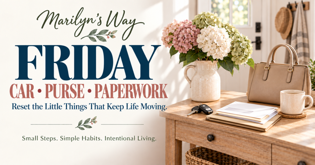 Friday Car, Purse and Paperwork Day by Marilyn’s Way with a handbag, car keys, organized papers, and hydrangeas.