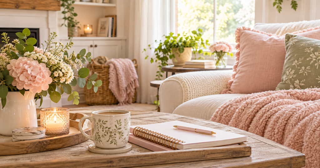 Cozy living room with a planner, coffee, candle, soft blankets, and flowers, representing an intentional rest day with gentle structure and self-care.