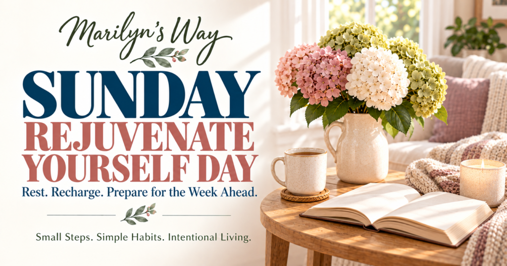 Sunday Rejuvenate Yourself Day by Marilyn’s Way with hydrangeas, tea, a book, candle, and cozy blanket.