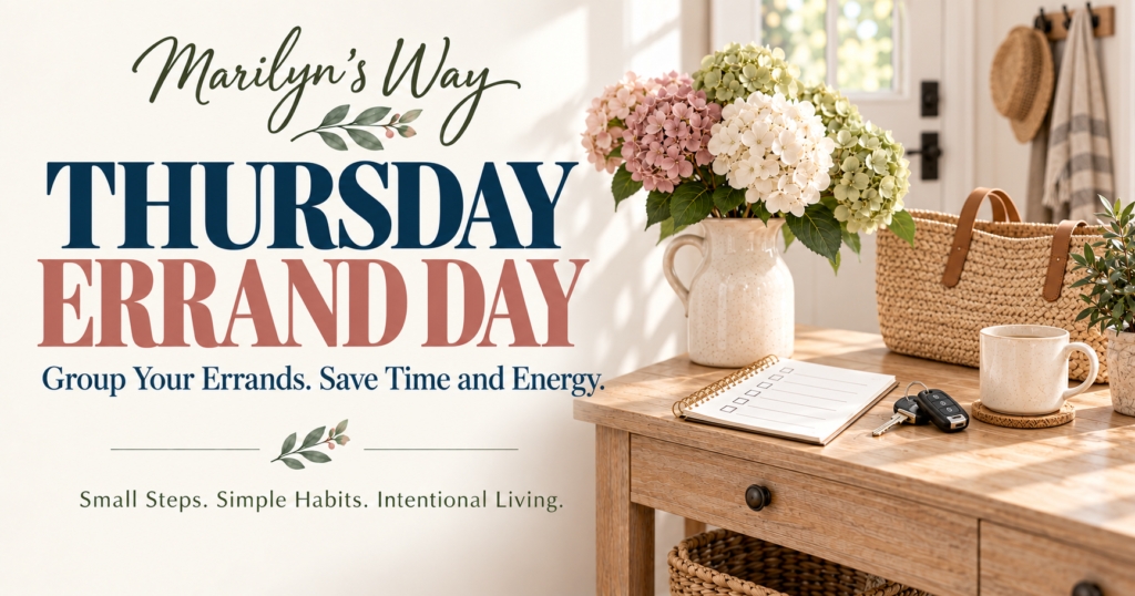 Thursday Errand Day by Marilyn’s Way with an errand list, car keys, market bag, and hydrangeas.