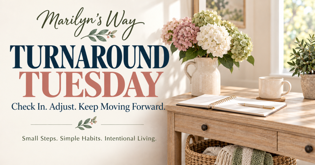 Turnaround Tuesday by Marilyn’s Way with a weekly planner and hydrangeas.