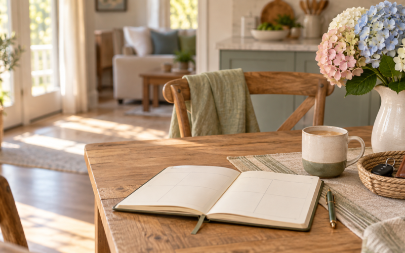 Blank weekly planner beside coffee, keys, and hydrangeas in a warm, tidy home.