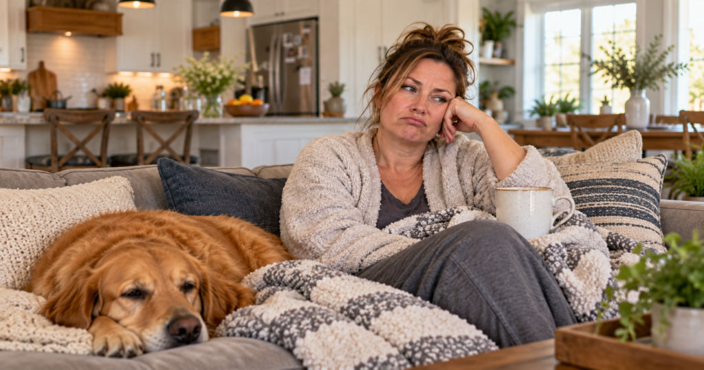 Woman sitting on a couch with a tired, unmotivated expression beside a resting dog in a cozy home, representing an “I don’t wanna” kind of day.