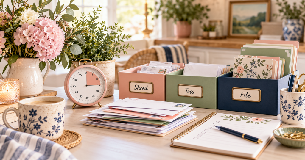 5- or 15-Minute Paper Reset Paper decluttering station with a timer, stack of mail, and labeled Shred, Toss, and File bins in Marilyn’s Way brand colors.