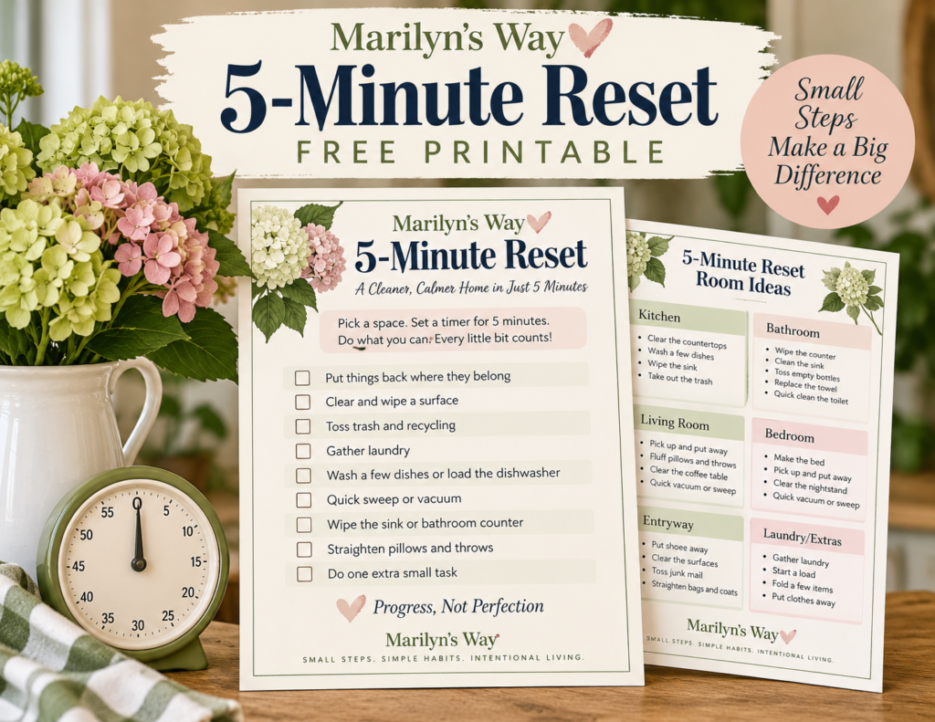 Marilyn’s Way 5-Minute Reset free printable with simple room-by-room homekeeping tasks, a timer, and a reminder to focus on progress, not perfection.