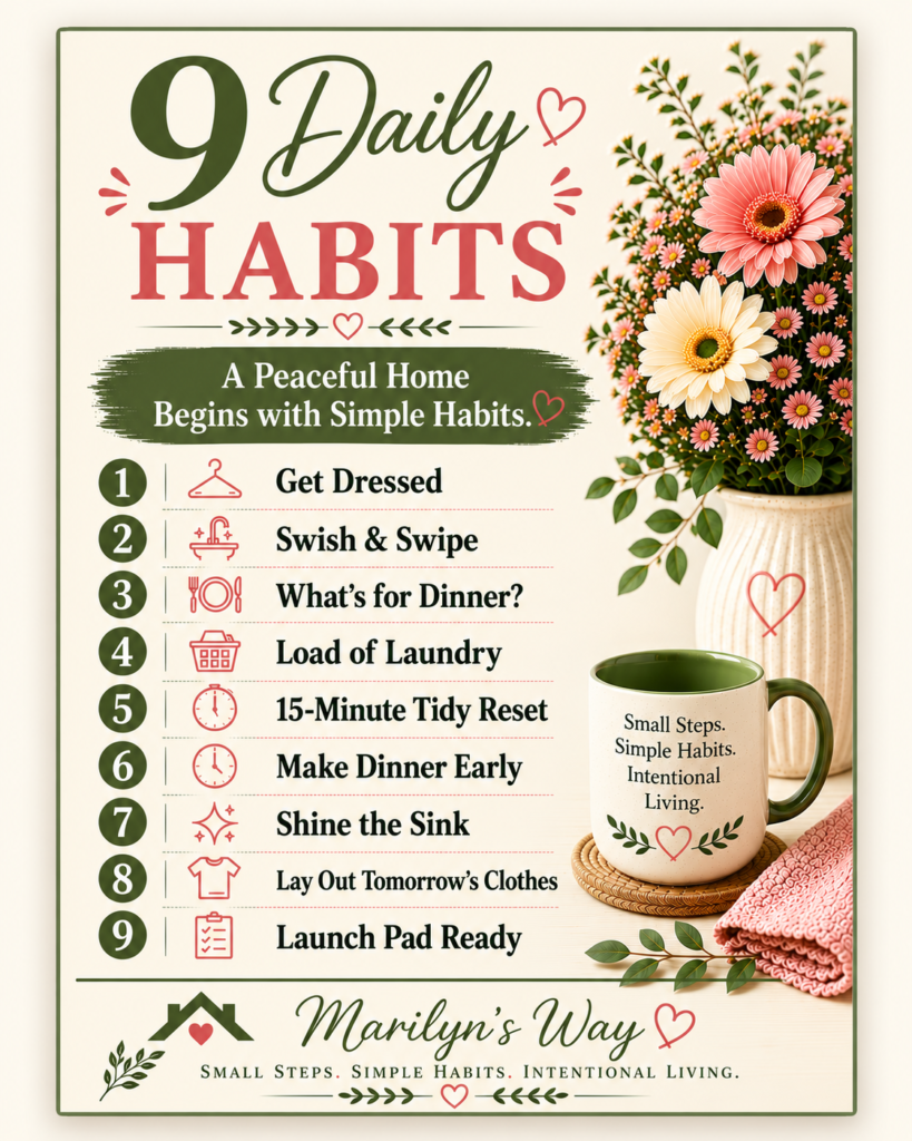 Marilyn’s Way 9 Daily Habits free homekeeping printable with simple daily routines for a more peaceful, organized home.