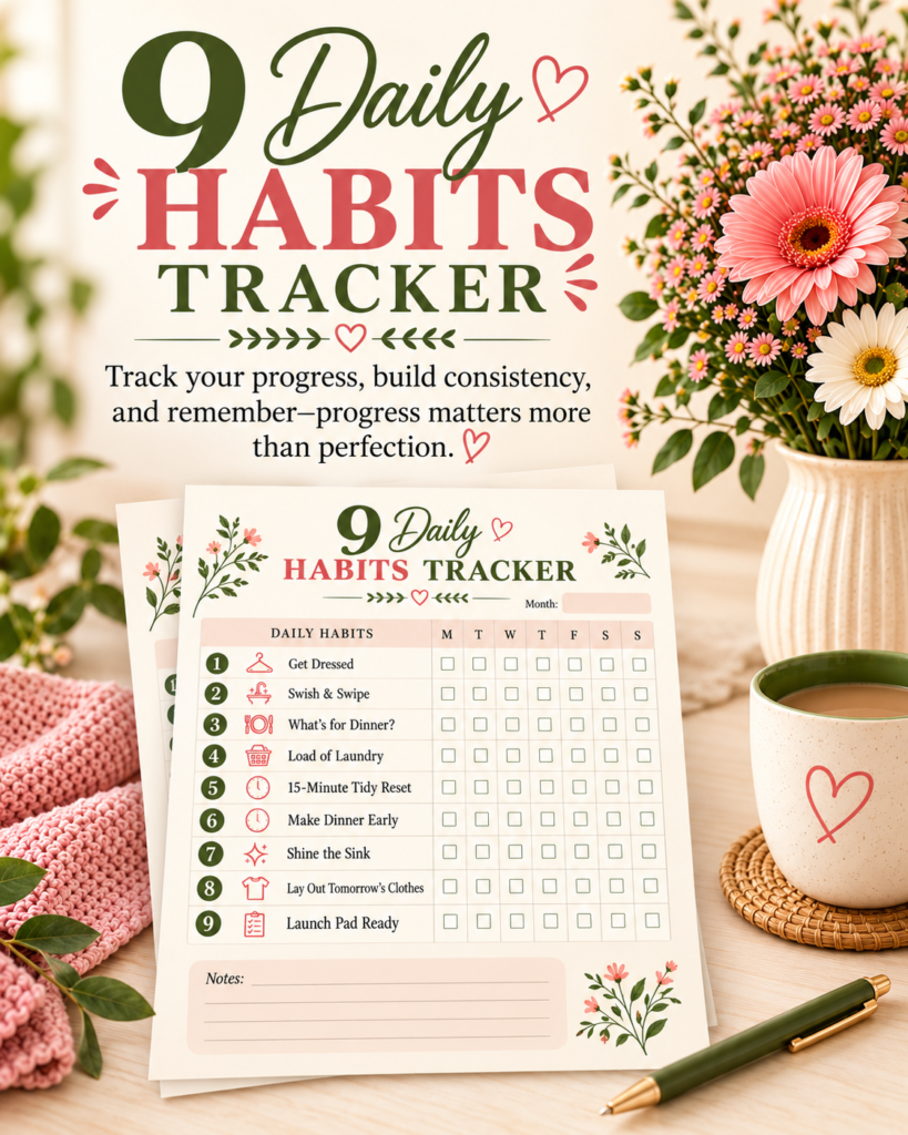 Marilyn’s Way 9 Daily Habits Tracker free printable for tracking daily homekeeping habits and building consistency one small step at a time.