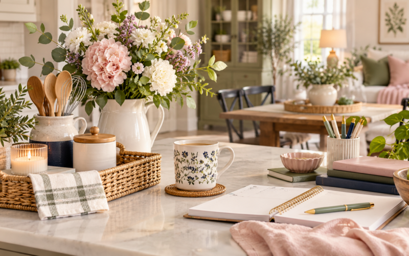 Cozy Marilyn’s Way home with flowers, planner, coffee, and organized living spaces in blush, olive, cream, and navy brand colors.