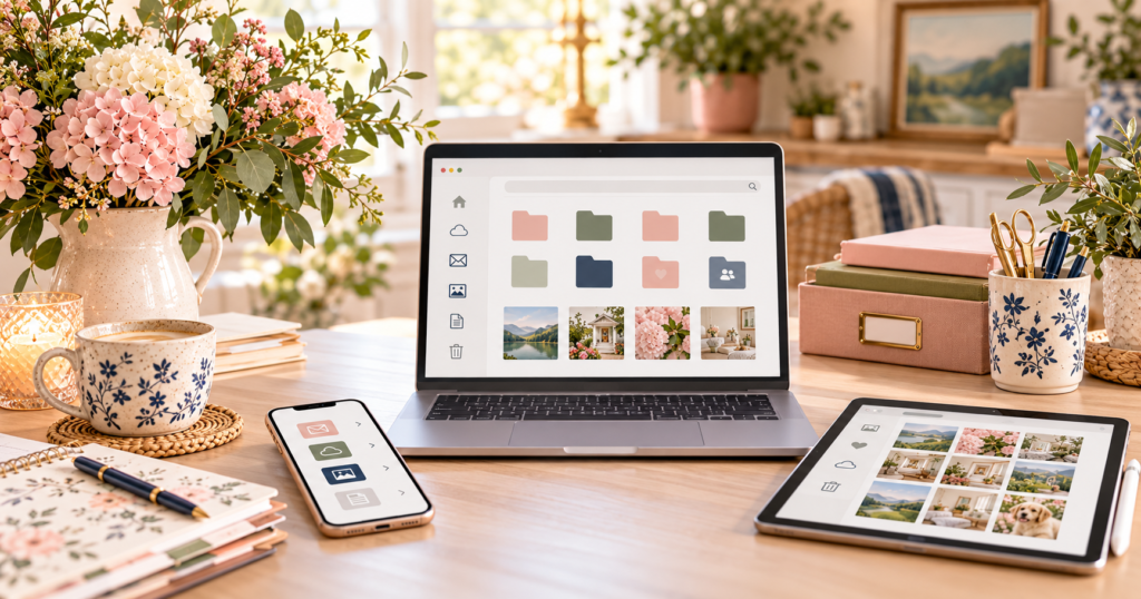 **Alt Text — Don’t Forget the Digital Clutter** Laptop, phone, and tablet displaying organized digital folders and photos on a tidy desk in Marilyn’s Way brand colors, representing digital decluttering.