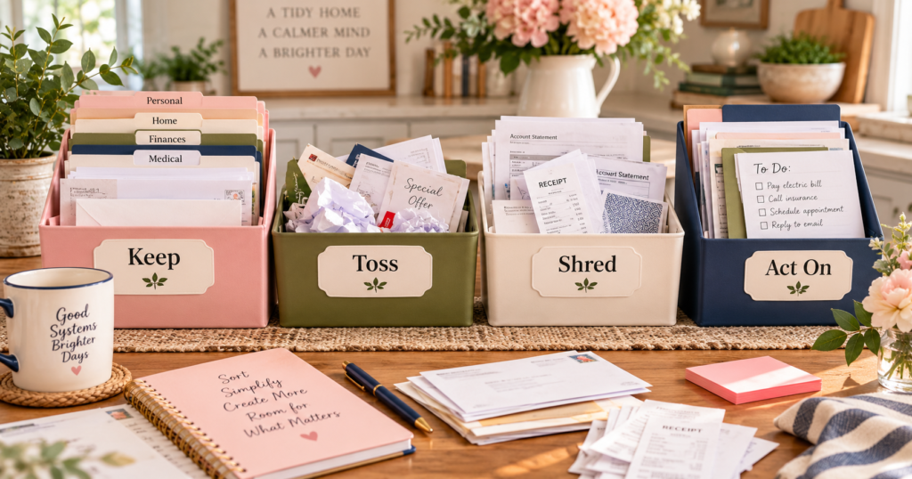 Use Four Simple Categories Organized paper sorting station with labeled bins for Keep, Toss, Shred, and Act On, surrounded by mail, receipts, folders, and office supplies in Marilyn’s Way brand colors.