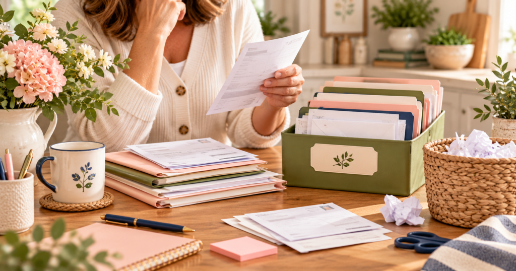 Don’t Let “I Might Need This” Stop You Woman reviewing paperwork at a table with folders, mail, a discard basket, and office supplies, representing the decision of what paper to keep or let go.