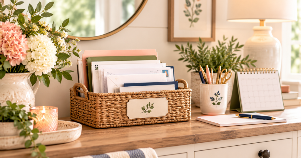 Create One Place for Incoming Paper Woven basket holding incoming mail and folders on a tidy home desk with flowers, a calendar, and office supplies in Marilyn’s Way brand colors.