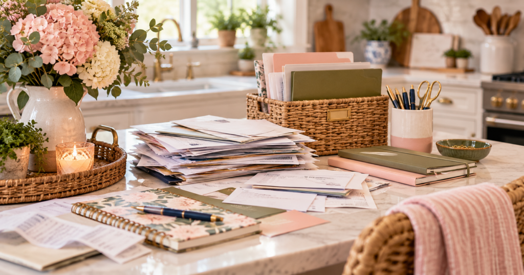 Start With One Paper Hot Spot Cozy kitchen paper clutter hot spot with a stack of mail, receipts, notebooks, baskets, and office supplies in Marilyn’s Way brand colors.