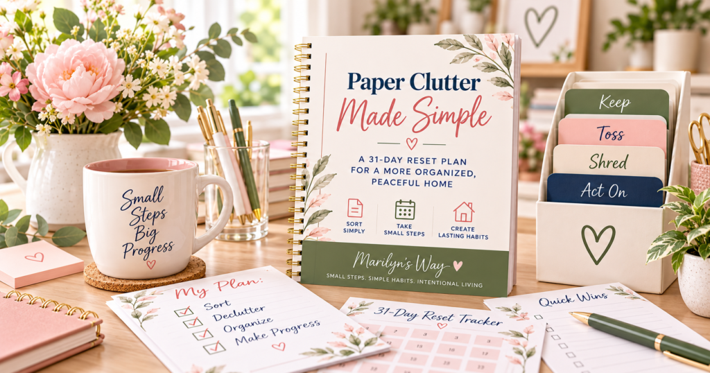 Need More Help With Paper Clutter? Paper Clutter Made Simple workbook by Marilyn’s Way displayed with sorting folders, a 31-day reset tracker, planning sheets, flowers, and office supplies in brand colors.