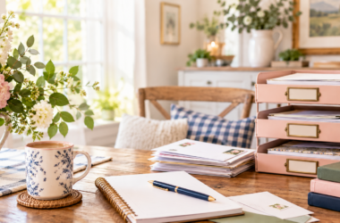 Paper Clutter Featured Image Cozy home office table with stacked paperwork, blush file trays, flowers, coffee, and organizing supplies in Marilyn’s Way brand colors.